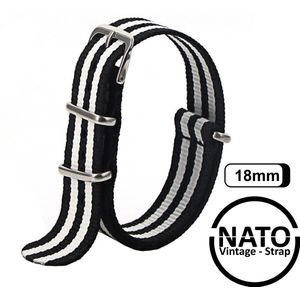 18mm Premium Nato Strap Zwart Wit Gestreept  - Vintage James Bond - Nato Strap collectie - Mannen - Horlogeband - 18 mm bandbreedte voor oa. Seiko Rolex Omega Casio en Citizen