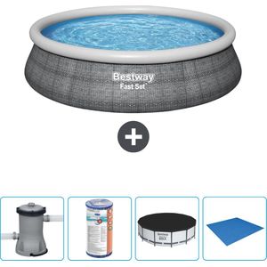 Bestway Rond Opblaasbaar Fast Set Zwembad - Rotanprint - 457 x 84 cm - Inclusief Pomp Filter - Afdekzeil - Grondzeil