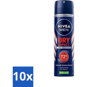 10 x Nivea - Men - Deo Spray - Dry Impact - 48 Uur Lang Werkend - 150 ml - Nivea Men Deodorant Spray - Anti-transpirant - 48 Uur Bescherming - Dry Impact - Deodorant Spray