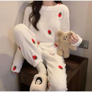 Lieve Vrouwen Pyjama Set 2 Stuks - Aardbei Pullover Top en Elastische Taille Broek - Warme Fleece Pyjama voor Herfst en Winter - One Size - Comfortabele thuiskleding
