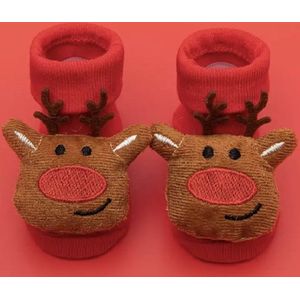 Kerstthema babysokken - Winterthema sokken - Kerstsokken - Rendier - Rood - Baby Sokken - New born sokken - Kraamcadeau voor Jongen of Meisje - Babyshower Cadeau - Kraammand