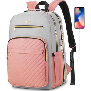 Laptoptas 15.6 inch - Roze/grijs - USB-oplaadpoort - 45 x 32 x 15 cm - Rugzak voor kantoor, school, werk, reizen - 30 L - Veel opbergruimte