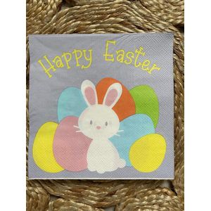 Papieren servetten Pasen - Paasservetten - Happy Easter met eieren en Konijn - Eitjes - Paaseieren - Paasbrunch - Paasontbijt - Kids - Jongen - Meisje - Konijntje - Rabbit - Peutelspeelzaal - School - Kinderopvang - 33 x 33 cm - DH collection
