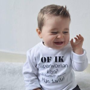 Shirtje liefste baby met tekst  Of ik superwoman ken? Je bedoelt gewoon mijn tante! | lange mouw | wit zwart |  maat 62 | cadeautje verjaardag geboorte kraamcadeau zwangerschap aankondigen |  jongen meisje