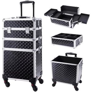 Hennova Make up koffer - Trolley - Cosmetica koffer - 3 in 1 - Verwijderbaar - Veel ruimte - Professioneel - Zwart/zilver - 35 x 23.4 x 67 cm