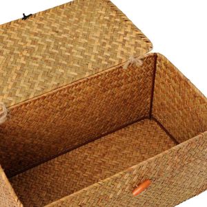 Opslagmanden met Deksel - Natuurlijk Zeegras - Rechthoekig - Rotan Geweven - Organizer Box - Klein - 26cmx14cmx11cm