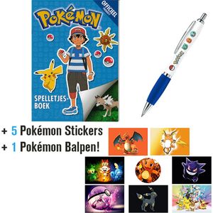 Pokemon Spelletjesboek + Pokémon Balpen + 5 Pokémon Stickers {Speelgoed voor jongens meisjes kinderen | Pokemon GO Sword & Shield Spelletjes Sticker Boek}