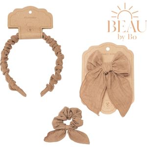 BEAU by Bo Mrs Ertha Haaraccessoires - Haarband + Scrunchie + Clip met strik - Taupe