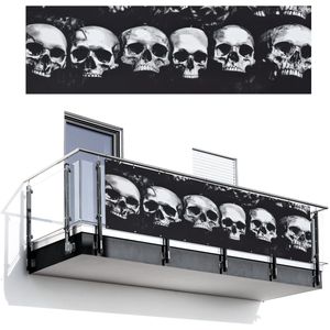 Balkonscherm 300x95 cm - Balkonposter Schedels - Zwart - Contrast - Balkon scherm decoratie - Balkonschermen - Balkondoek zonnescherm