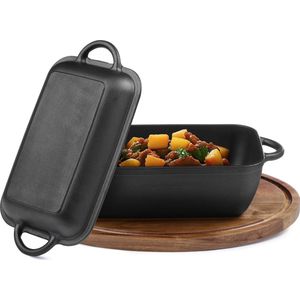 Navaris Dutch oven gietijzeren pan met deksel - 37 x 19,5 x 9,5 cm - Rechthoekige braadpan - Bakvorm voor alle fornuizen - Voorgekruid - Oven pot