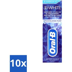10 x Oral-B - 3D White - Tandpasta - Sprankelende Munt - 75 ml - Tandpasta Whitening - Stralend Wit Gebit - Frisse Adem - Fluoride - Tandbederf Bescherming