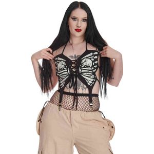Banned - Lucasta Skeleton Butterfly Crop top - M/L - Zwart