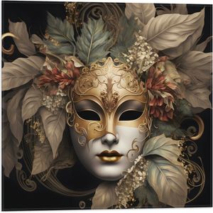 Vlag - Venetiaanse carnavals Masker met Gouden en Beige Details tegen Zwarte Achtergrond - 50x50 cm Foto op Polyester Vlag