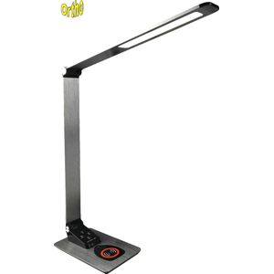 Ortho® - Luxe Bureaulamp Grijs - NIEUW - LED - Warm wit en Daglicht - Dimbaar - Qi draadloos opladen - USB oplaadpoort - Max 12W – 2700K/6500K - Grijs