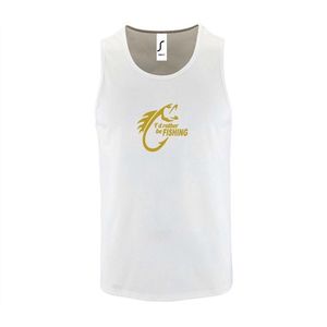 Witte Tanktop sportshirt met "" I'd rather be Fishing / In ga liever vissen "" Print Goud Size S
