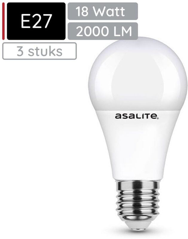 Asalite - LED Lamp A65 - E27 Fitting - 18W - 2000 Lumen - 3000K Warm Wit Licht - 3 Stuks