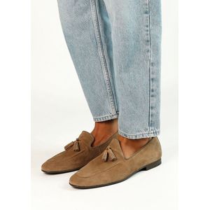 Sacha - Heren - Taupe suède loafers met kwastjes - Maat 46