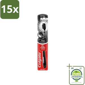 15 x Colgate - Tandenborstel - Charcoal Black 360 Medium - Zwart - 1 Tandenborstel - Grootverpakking - Tandenborstel - Tandenpoetsen - Houtskool - Mondverzorging - Tandenborstel Zwart