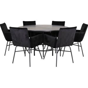 Copenhagen eethoek eetkamertafel bruin en 6 Pippi eetkamerstal velours zwart.