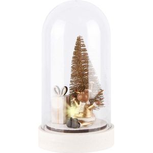 Globe / stolp met Rudolf / rendier en kerstboom / boom - Wit / creme / bruin / goud met LED verlichting - ø11 x 21 cm hoog.