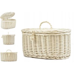 Ovale mand met deksel van ecru gevlochten wilgentakken - 27 cm