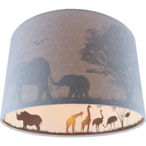 Olucia Safari - Kinderkamer plafondlamp - Stof - Blauw - Cilinder - 30 cm