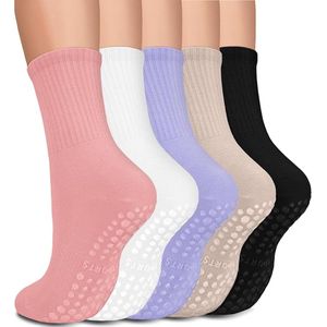 Yogasokken voor dames - 5 paar - Pilatessokken van katoen - Antislip yogasokken - Vloersokken - Geschikt voor ballet, yoga, dans, pilates en fitness - Khaki*Wit*Paars*Roze*Zwart