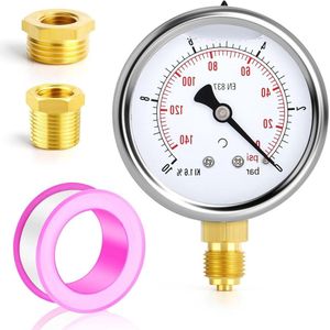 roestvrijstalen manometer met vloeistofvulling - 0-6Bar 0-90Psi - 1/4"" BSP - 25"" FACE DIAL - WOG water olie lucht onderbouw