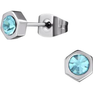 Aramat Jewels - Zeshoek Oorknopjes met Licht Blauw Kristal 5mm - Zilverkleurige Stalen Hexagon Oorstekers - Aqua Blauwe Oorbellen voor Meisje, Dames en Heren - Perfect Cadeau voor Feestdagen