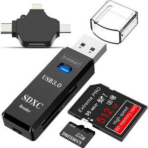 Everset - SD Kaart Lezer - Geheugenkaartlezer - 4-in-1 - USB C - USB A - Lightning - Micro USB