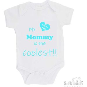100% katoenen Romper ""My mommy is the coolest!! / I love you"" Moeder Moederdag Mama Unisex Katoen Wit/aquablauw Maat 62/68