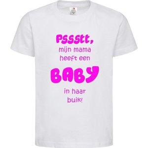 Shirt Aankondiging zwangerschap Pssstt, Mama heeft een baby in haar buik! | korte mouw | wit/fluor pink | maat 122/128 zwangerschap aankondiging bekendmaking Baby big sis bro sister brother Grote Zus Broer