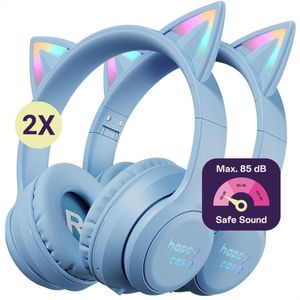 HappyCase Popz - Duo Pack Kinder Koptelefoon Draadloos - Kattenoortjes - Koptelefoon Voor Kinderen - Ledverlichting - Ingebouwde Microfoon - Over-Ear - 85db volumebregrenzer - Bluetooth - Blauw