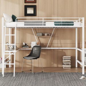 Hoogslaper met Bureau en Plank 90 x 200 cm - Metaal, Wit - Ideaal voor Kinderen en Jongeren