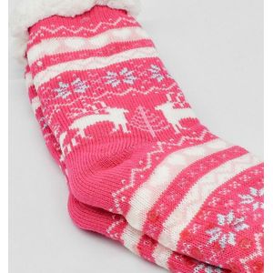 Merino Wollen sokken - Knal Roze met Hartjes - maat 35/38 - Huissokken - Antislip sokken - Warme sokken – Winter sokken