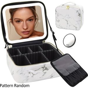 Trendy Reis Make-Up Tas met Spiegel Led Verlicht, MARMER Beautycase DROOM CADEAU Treinkoffer Met Verstelbare Verdelers, Afneembare 10x Vergrotende Spiegel Beautycase – Tas voor Cosmetica – Reis Toilettas Waterdicht-UV bestendig- straalt elegantie uit