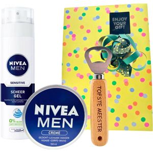Nivea Cadeauset Men Flesopener Meester - Nivea Men Creme Blik 150 ml - Nivea Men Scheergel 200 ml Sensitive - Bieropener Tofste Meester