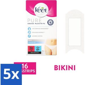 5 x Veet Ontharingsstrips Bikinilijn Pure Gevoelige Huid 16 stuks per verpakking - Bikinilijn Ontharen - Ontharingsstrips - Gevoelige Huid Ontharen - Hypoallergene Ontharing - Waxstrips
