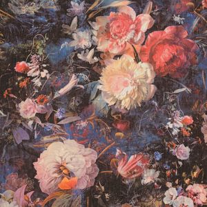 Bloemen behang Profhome 388211-GU vliesbehang hardvinyl warmdruk in reliëf licht gestructureerd met bloemmotief glanzend antraciet roze blauw geel 5,33 m2