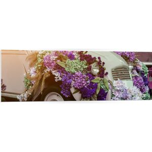 PVC Schuimplaat - Paarse Bloemboeketten op Oude Auto - 120x40 cm Foto op PVC Schuimplaat (Met Ophangsysteem)