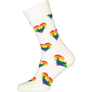 Happy Socks Pride Heart Sock - unisex sokken - wit met regenboog hartjes - Unisex - Maat: 41-46