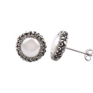 Zoetwater parel oorbellen Bright Pearl Small - oorknoppen - echte parels - sterling zilver (925) - wit - zwart - stras steentjes