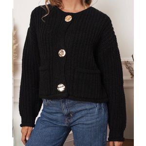 Zwart Vest Gouden Knopen - Trendy Dames Vesten - One Size - Zakken en Grote Gouden Knopen - Zwart