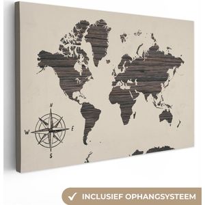 Canvas Wereldkaart - 120x80 - Wanddecoratie Wereldkaart - Hout - Kompasroos