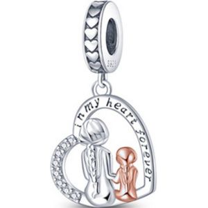 Fler® | Bedel | Past op populaire bedel armbanden (standaard-3mm) | armbandbedel | Moeder en Dochter Hartje Bedel | Hangbedel Charm | 925 sterling zilver | Zirkonia | Roze emaille | Vriendschap, Verjaardagsgeschenk, Cadeau | Valentijn kado