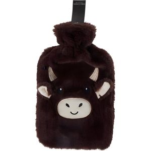 Warmwaterkruik koe - donkerbruin - 2L - pluche - met hoes - rubber - kruik - bedkruik - kruik met hoes