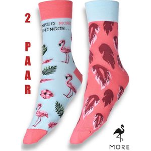 More Fashion - Dames Sokken - Multipack 2 Paar - Maat 38 39 40 - Leuk Asymmetrisch Print - Kleurrijk - Flamingo - Hemelsblauw Roze - Dierenprint - Katoen - Naadloos - MADE IN EU