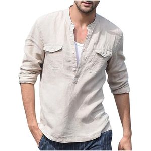 LVCBL Heren Katoen Linnen Shirt Herfst Winter Heren Overhemd Lange Mouwen Regular Fit Casual Shirt Biege xl