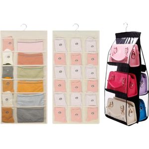 Handtas-organizer, hangend, zwart, stofdicht, ademend, kledingkast, handtas, tassen + beige, 30 netvakken, dubbelzijdig ondergoed, organizer, hangend voor handtas ondergoed