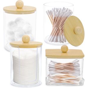 4-delige acryl wattenschijfjeshouder set met bamboe deksels - Organiseer je make-up en badkameraccessoires